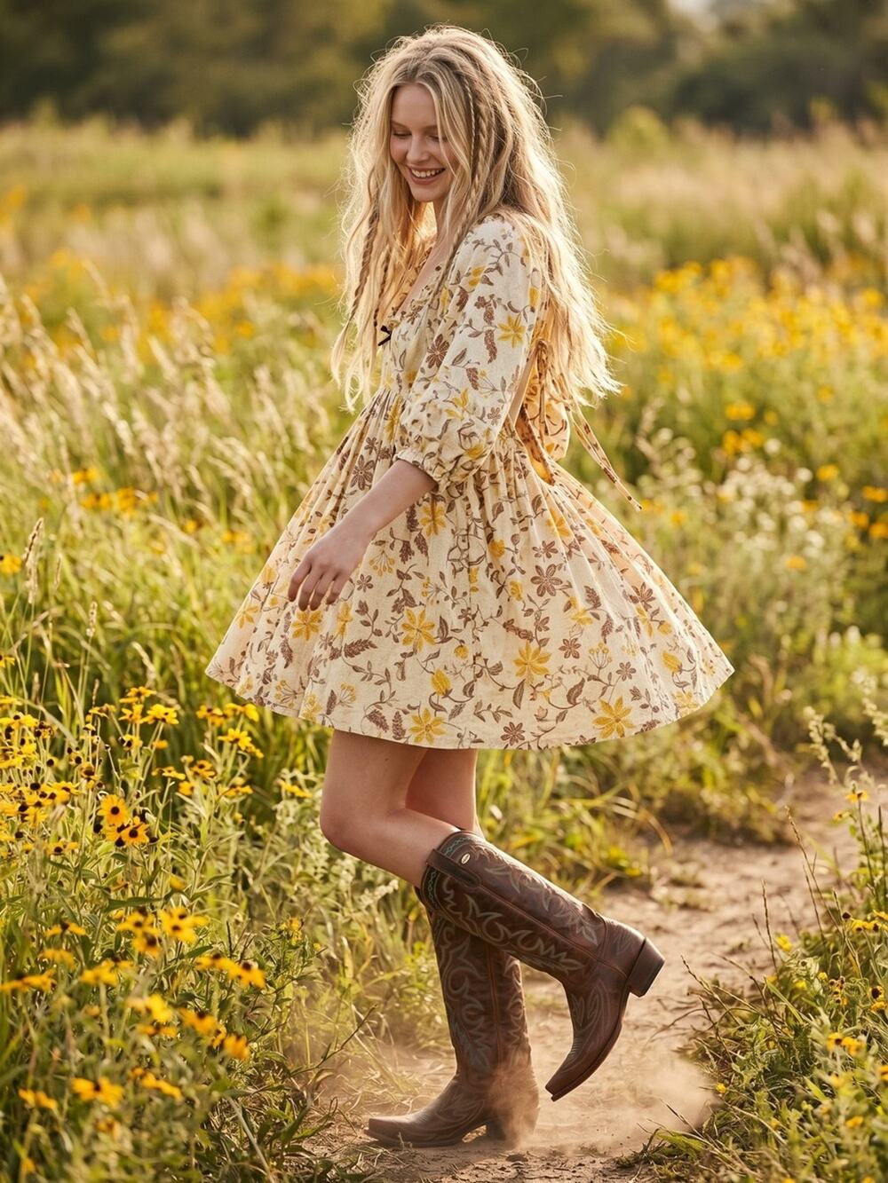 Free People Western Bohemian Dainty Lola Dress Banana Ivory Floral Small